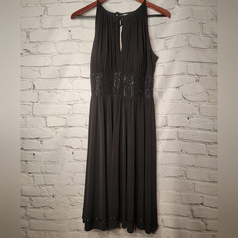 NWT R & M Richards Black Dress w Sequined Halter Bodice Holiday Black Dress